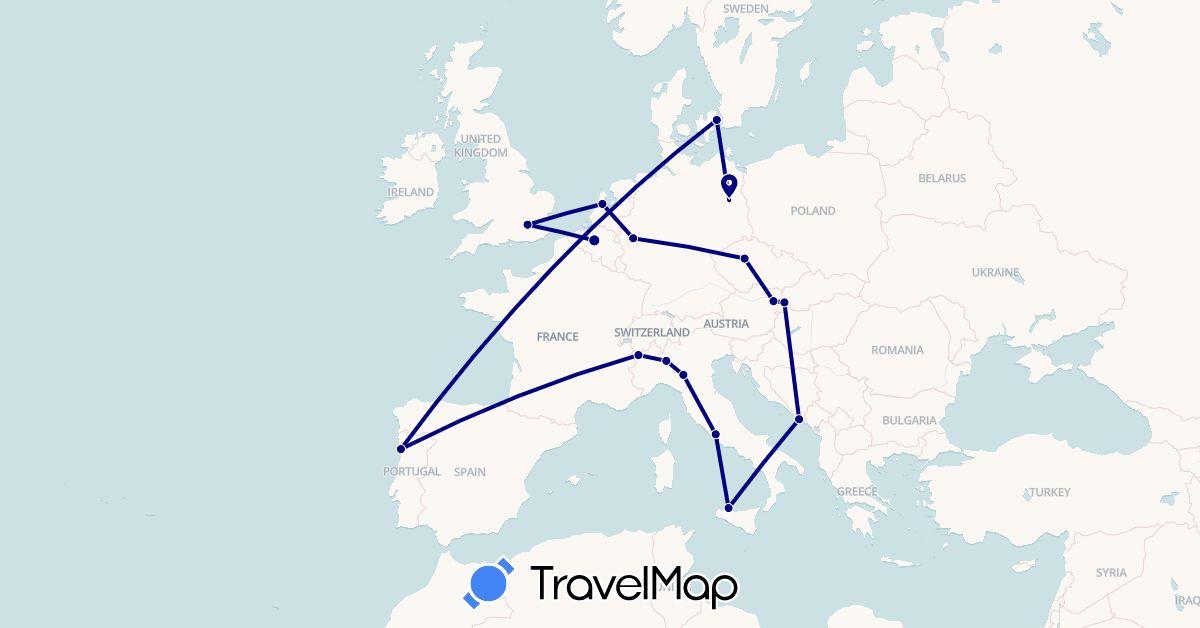 TravelMap itinerary: driving in Austria, Belgium, Czech Republic, Germany, Denmark, United Kingdom, Croatia, Italy, Netherlands, Portugal, Slovakia (Europe)